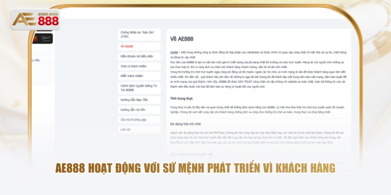 AE888 hoạt động với sứ mệnh phát triển vì khách hàng